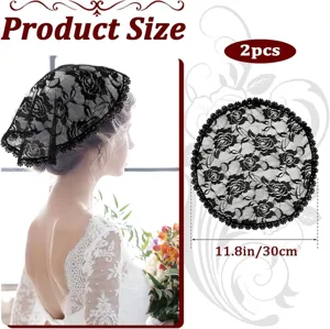 Detailed view of black floral lace headscarf, round veil measuring 11.8 inches across.
