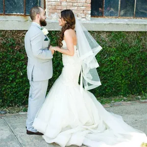 Bridal wedding soft mesh veil single layer medium long ribbon edge ivory white wedding veil