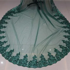 Dark green long bridal veil detail, exquisite embroidery lace and shiny sequins trim.