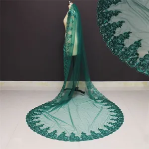 Long Bridal Veil Wedding Veil Dark Green Mesh Tulle Embroidered Sequin Lace Edge Bridal Hair Accessories For Women