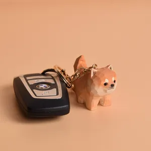 Wooden carved Shiba Inu keychain with metal ring cute puppy bag charm car accessory