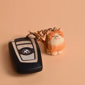 Wooden carved orange cat keychain cute animal keyring metal ring bag pendant lovely gift