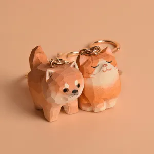 Handmade wooden carved Shiba Inu and cute cat keychain pair for couple bag pendant gift