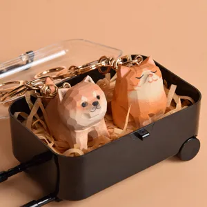 Handmade wooden Shiba Inu and orange cat keychain, cute animal charm pendant for keys gifts.