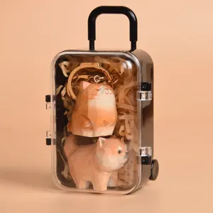 Cute wood carved cat dog keychain in mini suitcase box, perfect couple gift and bag charm pendant.