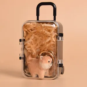 Wood carving Shiba Inu keychain detail showing cute animal pendant inside clear mini suitcase box.