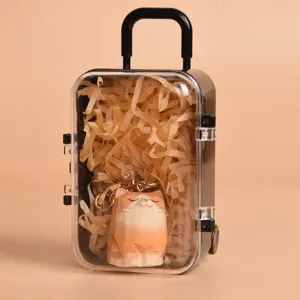 Wood carved orange cat keychain with transparent suitcase box, cute cartoon key ring pendant.