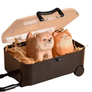 Cute wooden carved Shiba Inu and orange cat keychain set in mini suitcase gift box