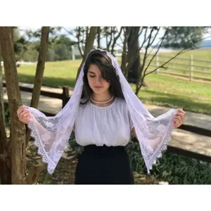 Witte lange kanten sluier voor vrouwen bloem geborduurde bruids mantilla zonnescherm sjaal