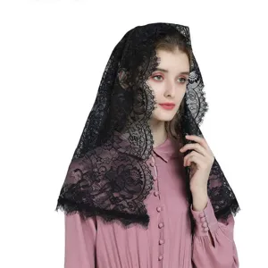 Black lace veil for women, elegant bridal mantilla headscarf, short shawl hair accessory.