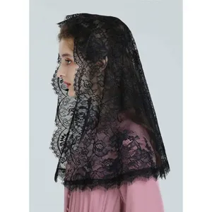 Black lace veil detail, elegant floral pattern head covering, bridal wedding accessory scarf.