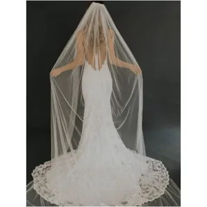Stunning long white bridal veil with delicate lace edges and comb for wedding photography.