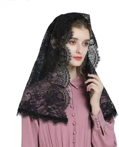 Detailed view of the elegant black lace mantilla veil with exquisite floral embroidery pattern.