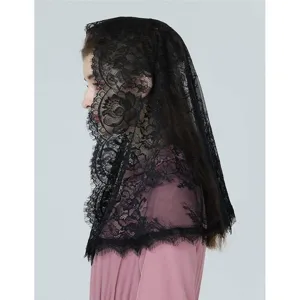 Elegant black lace bridal veil mantilla scarf for women, perfect short wedding headwear.