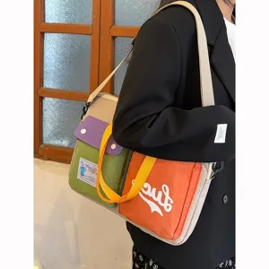 Nylon Color-Block Laptop Shoulder Bag For Women Casual Large Capacity Tote Bag Portable Daily Commuter Handbag
