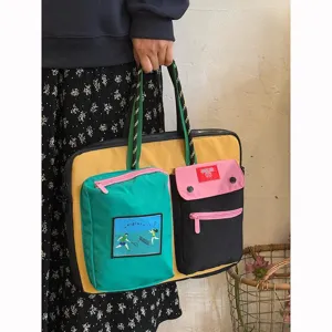 Korean style color block laptop bag, casual large capacity shoulder handbag for women.