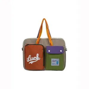 Korean style colorblock laptop bag casual canvas shoulder handbag for women daily commute