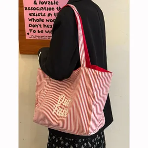 Gestreifte Canvas Tote Tasche im koreanischen Stil, große Umhängetasche für Damen Alltag.