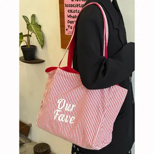 Koreanischer rot-weißer gestreifter Segeltuch Shopper Tasche große Kapazität Damen