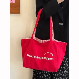 Koreanische Segeltuchtasche für Damen, große Schultertasche mit gestreiftem Innenfutter.
