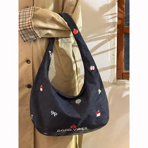 Ιαπωνική preppy κεντημένη τσάντα ώμου tote, μεγάλη χωρητικότητα casual τσάντα.