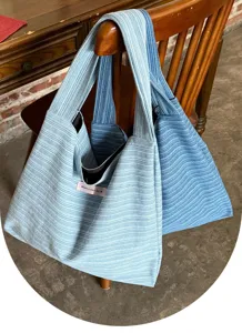 Korean style striped denim canvas tote bag, large capacity shoulder bag for commuting daily.