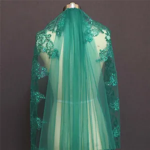 Dark green long bridal veil with exquisite embroidery lace and shiny sequins for wedding.