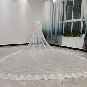 Gedetailleerd uitzicht van een elegante kathedraal bruidssluis met kanten rand op de vloer.