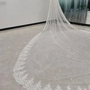 Witte kathedraal trouwsluier met fijn kantrandje, lang bruidsaccessoire voor huwelijksdag.