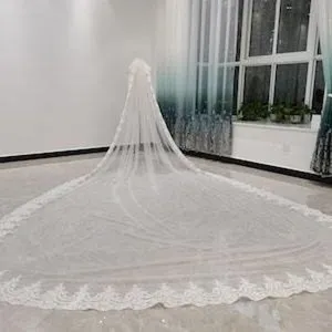 Elegante lange kathedraal trouwsluier met prachtige kanten rand voor de speciale bruid