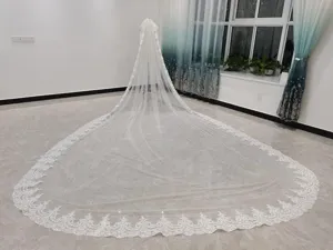 Witte kanten kathedraal bruidssluier met lange slepen, elegante bruidsaccessoire voor feest.