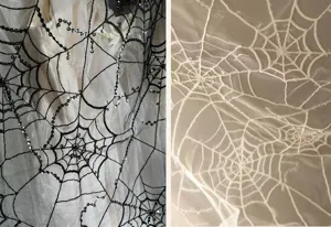 Detalle de tela de velo de encaje de telaraña de Halloween corto en negro y blanco.