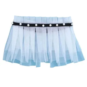 Falso colletto in tulle a doppio strato azzurro con nastro di perle nere per donne