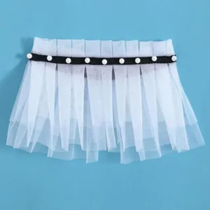 Collo staccabile in tulle bianco doppio strato con nastro nero e perle, accessorio.