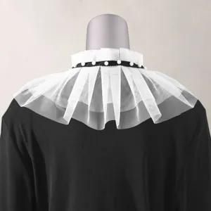 Finto colletto bianco in tulle plissettato con nastro nero e perle per moda donna.
