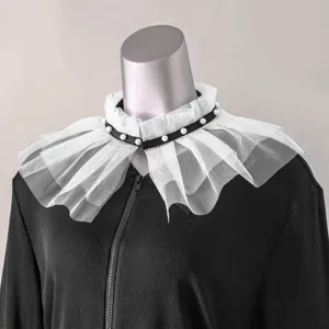 Finto colletto in tulle a doppio strato con perle, elegante collo rimovibile per le donne.