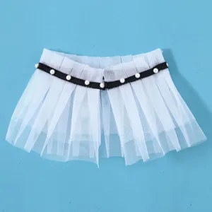 Falso collo in rete doppia bianca con nastro nero e perle, elegante scialle rimovibile.