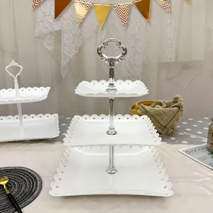 Plat de Service Blanc à 3 Niveaux en Plastique Style Européen Support à Gâteau Carré