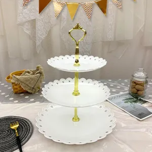 présentoir à gâteau et fruits blanc à 3 étages avec poignée dorée pour fête maison