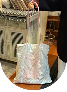 Τσάντα tote από καμβά με πέρλα δαντέλας για γυναίκες, μεγάλη τσάντα ώμου για μετακίνηση.