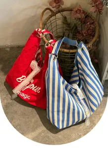 Korean style canvas tote bag, large capacity casual shoulder hobo bag with striped design.