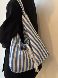 Blue and white striped canvas shoulder bag for women, large capacity casual tote.