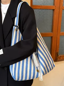 Korean lazy style blue white striped canvas tote bag, large capacity casual shoulder bag.
