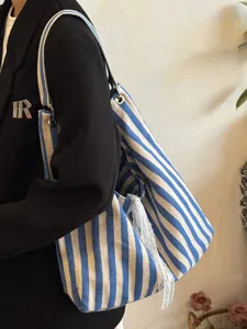 Korean lazy style blue and white striped canvas tote bag, large capacity shoulder bag for women.