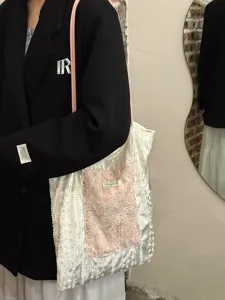 Τσάντα shopper από καμβά με πέρλες και δαντέλα για γυναίκες, μεγάλη τσάντα ώμου για δουλειά.