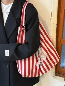 Korean style lazy striped canvas shoulder bag for women, large capacity tote bag.