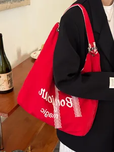 Korean style lazy large capacity canvas shoulder tote bag with cute lace trim and letters.