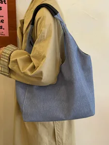 Korean style casual blue denim tote bag, large capacity shoulder bag for women daily use.