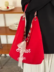 Korean lazy style double-sided striped canvas shoulder bag, large capacity tote for daily commute.