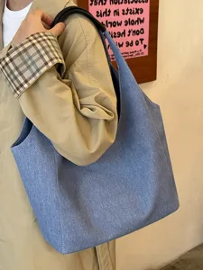 Korean lazy style denim tote bag, large capacity single-shoulder underarm bag for women daily commuting.